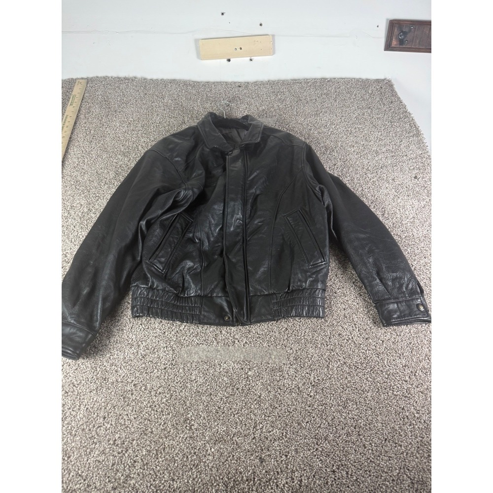 Moores Mens Black Leather Bomber Jacket Size Medium Full Zip Elastic Waist
